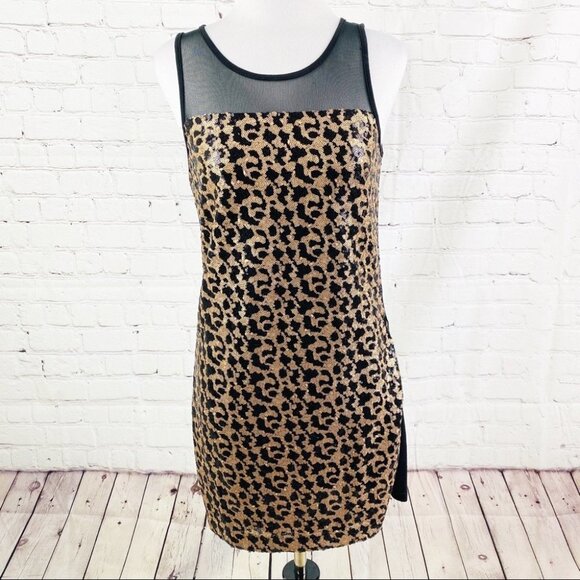 Sequins Mini Dress Metal Gold Black Tiger Print - Picture 1 of 9